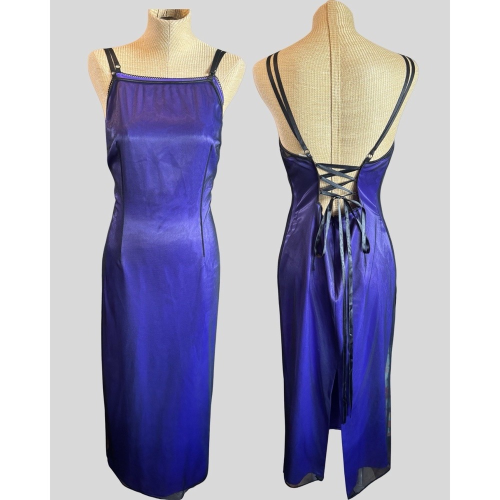 VTG Y2K 90s Papell Boutique Dress 14 Purple Satin Black Mesh Corset Goth Grunge